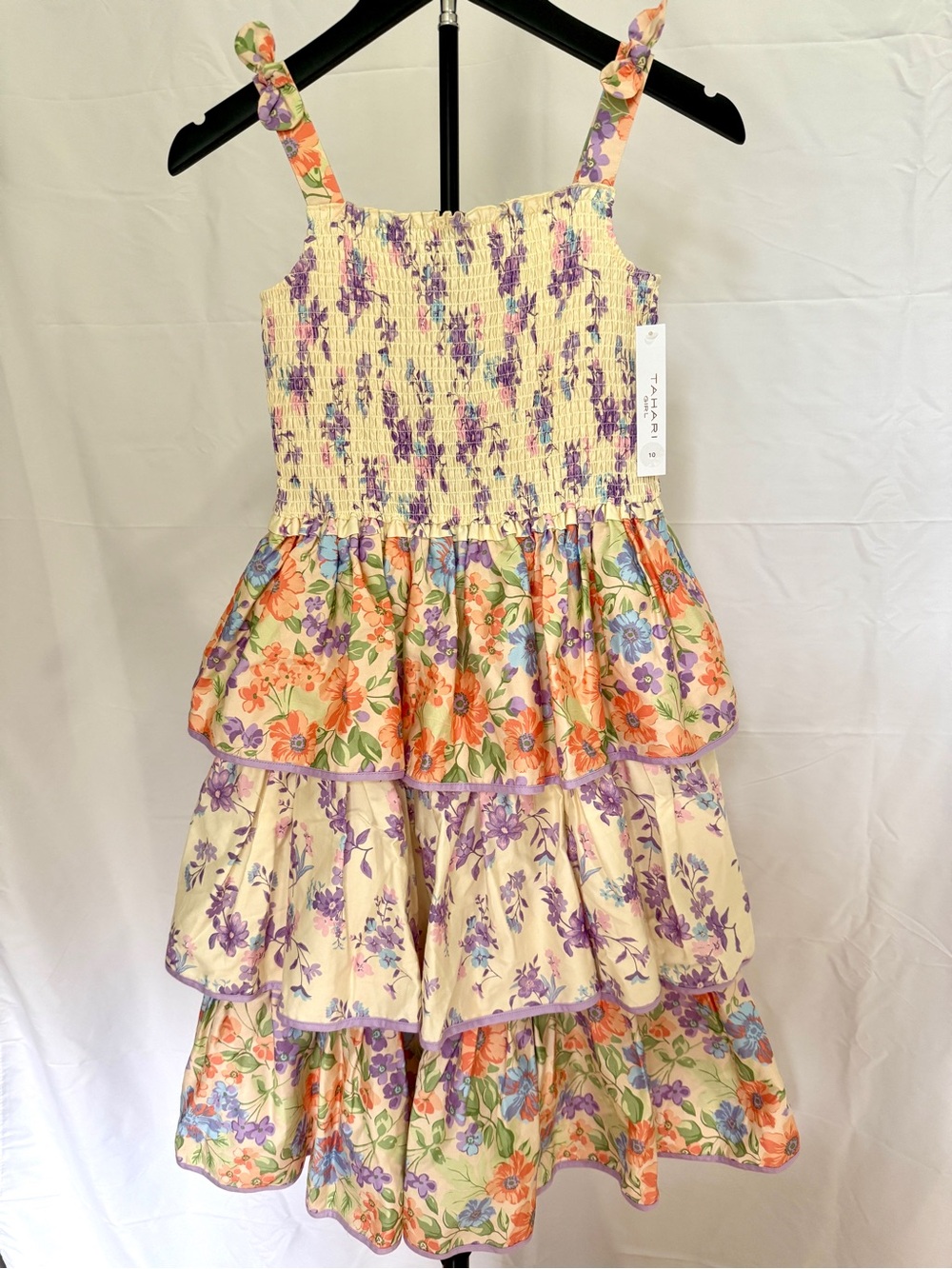 Tahari Floral Tiered Sundress in Cream, Purple & Orange